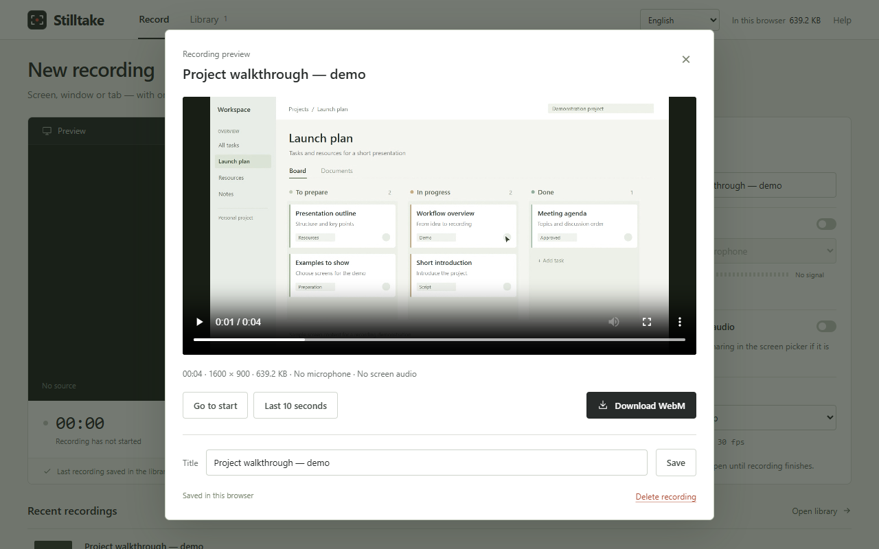 An actual Stilltake development screenshot showing playback of a demonstration project, a recording title field, and Download WebM.
